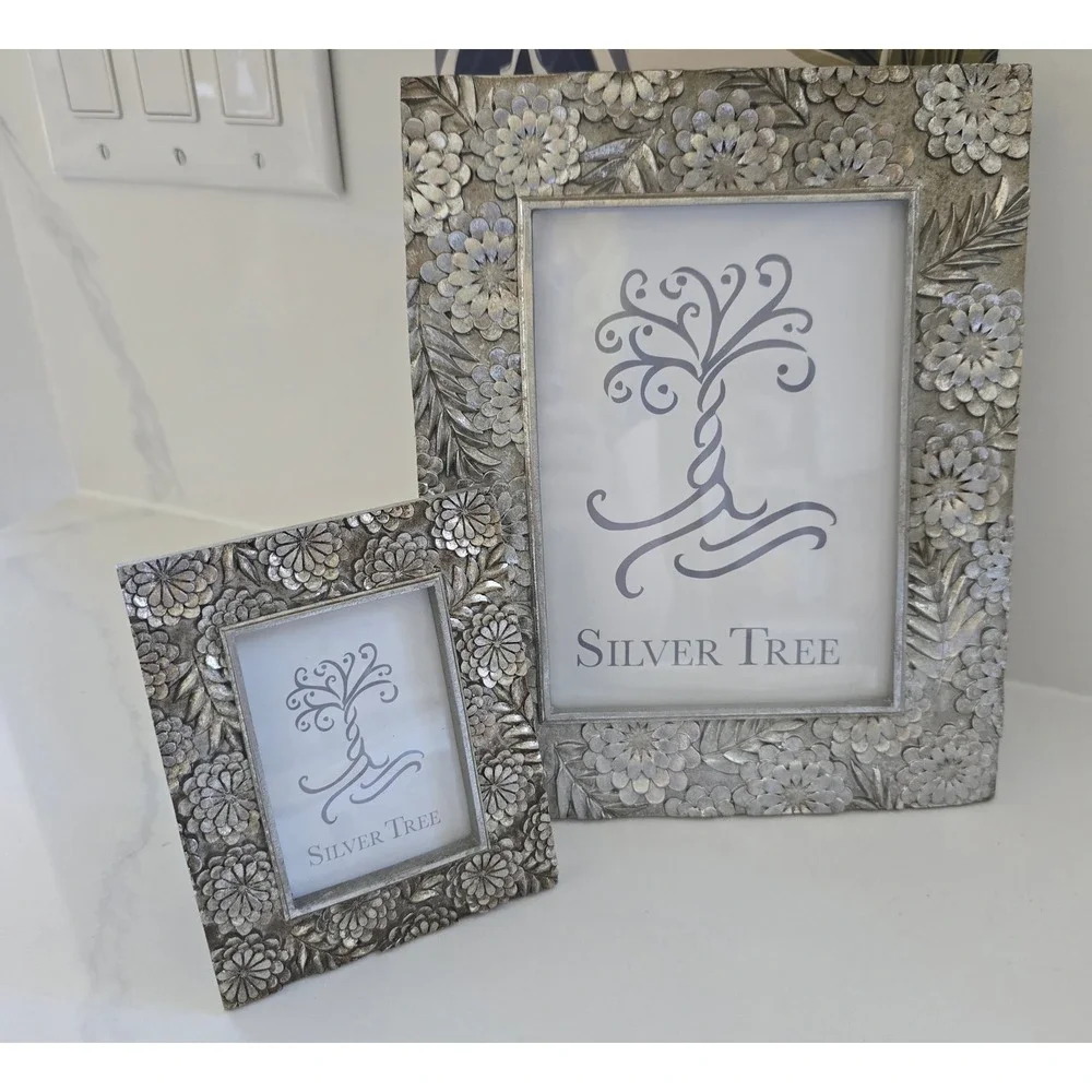Silver Tree Floral Picture Frame Set 2 Piece Silver Embossed Botanical 5x7 3x3